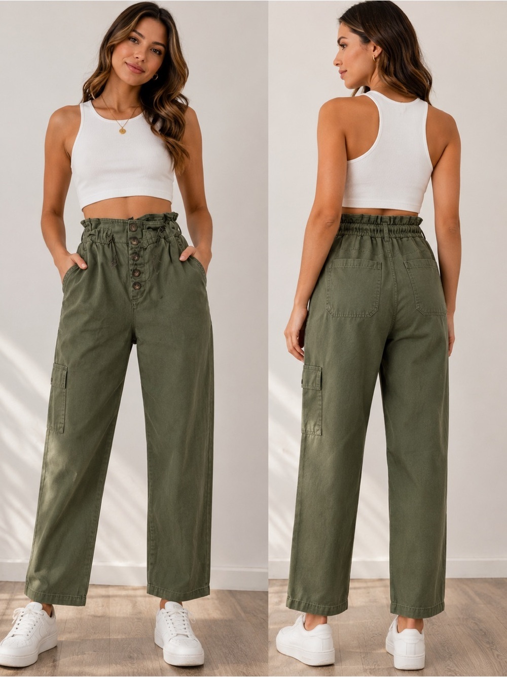 Forever 21 Olive Green Paperbag Waist Button Front Pants Size Small